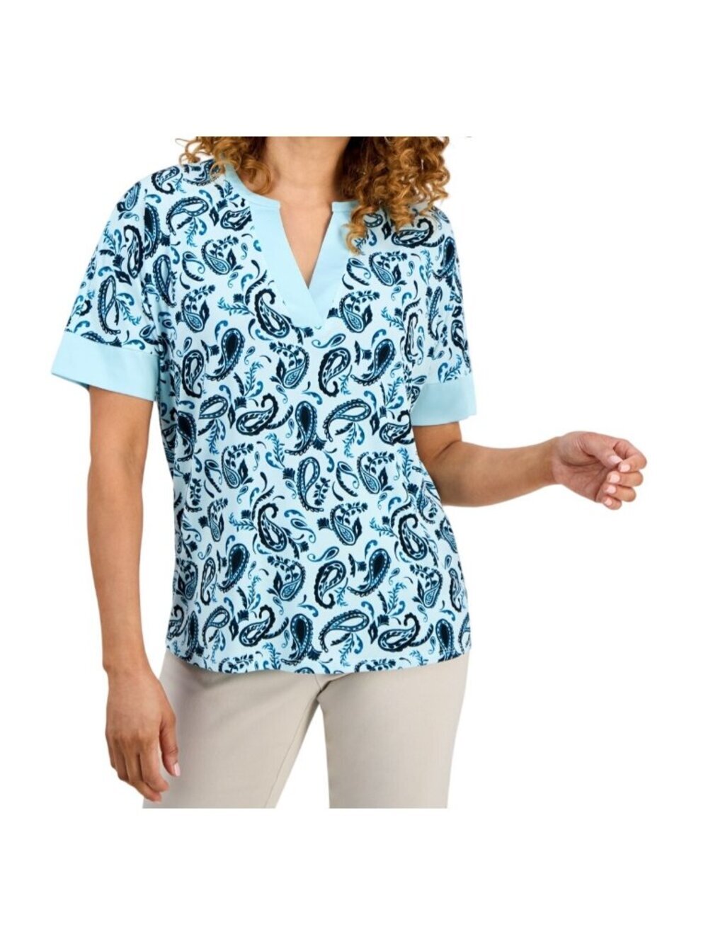 NWT JM Collection Petite Paisley Split-Neck Top PS MSRP $55